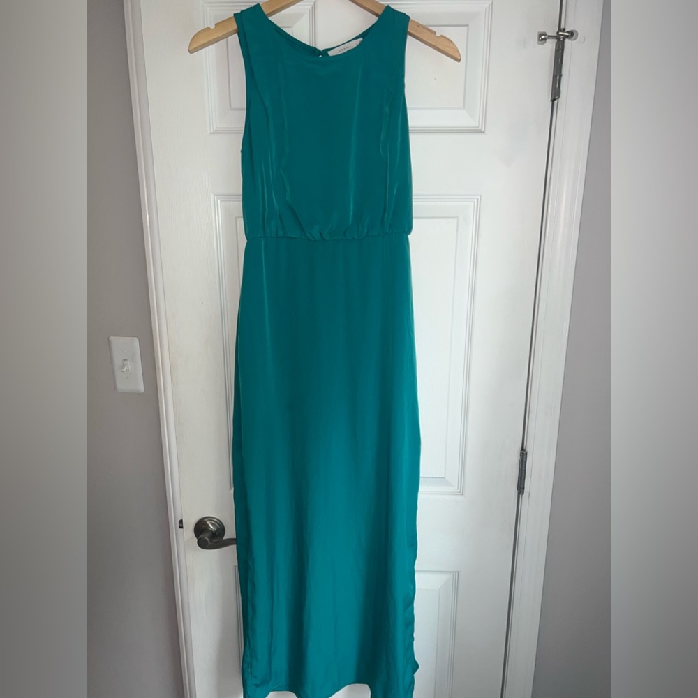 Emerald Deep Green Teal Midi Dress Side Slit Open Back Small